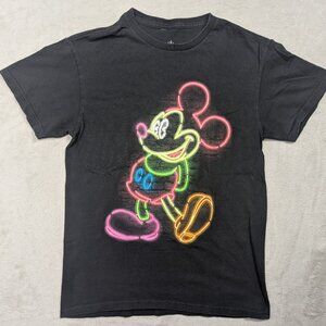 Disney T Shirt Mens SMALL Black Short Sleeve Mickey Mouse Neon Graphic